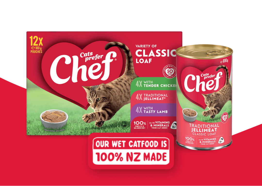 A box of Cats Prefer Chef cat food next to a single can on a red and white background.